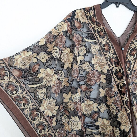UNBRANDED Kimono Women's OS Floral Brown Black Metallic Sheer‎ Buttons Fringe - Picture 7 of 16